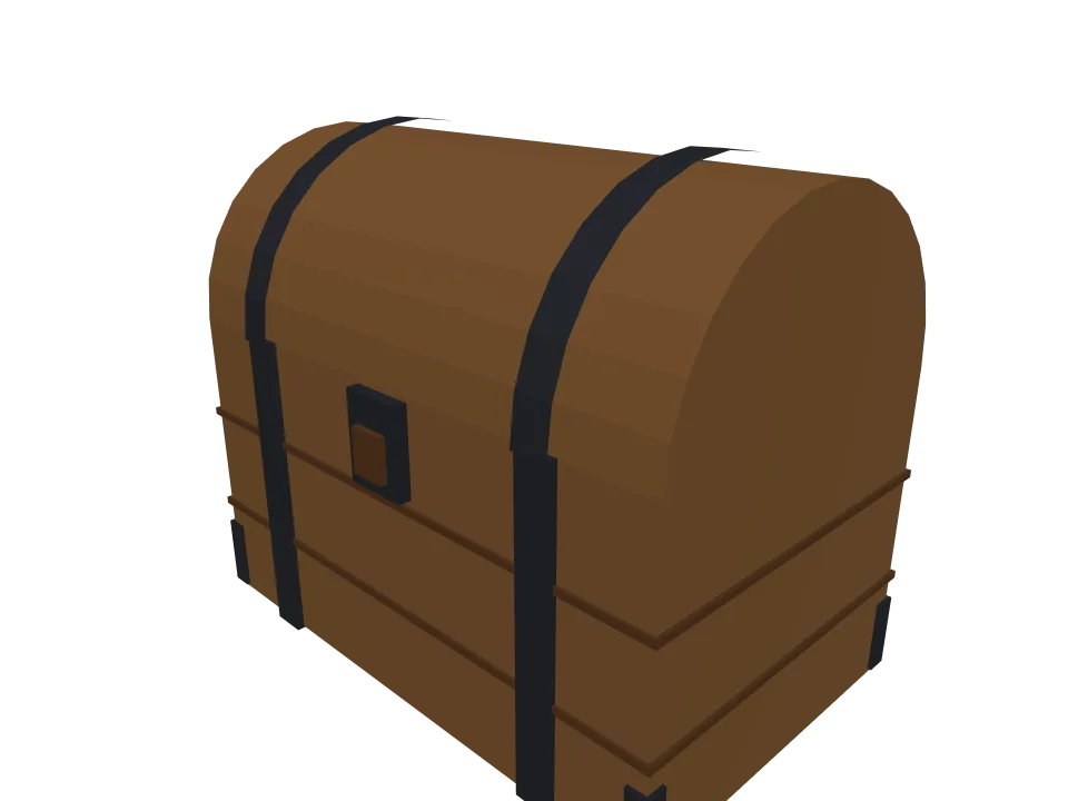 Claude Fable 5 — P01: A wooden treasure chest with iron fittings and a curved lid, slightly weathered, closed.