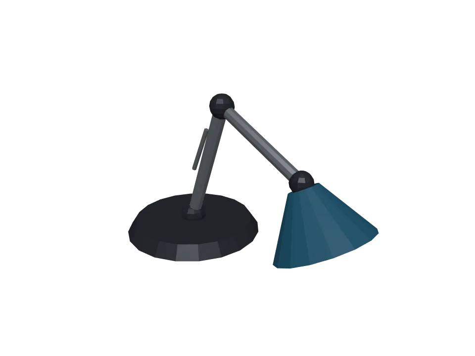 Claude Fable 5 — P02: A desk lamp with an articulated two-joint arm and a round metal shade, in a bent working pose.