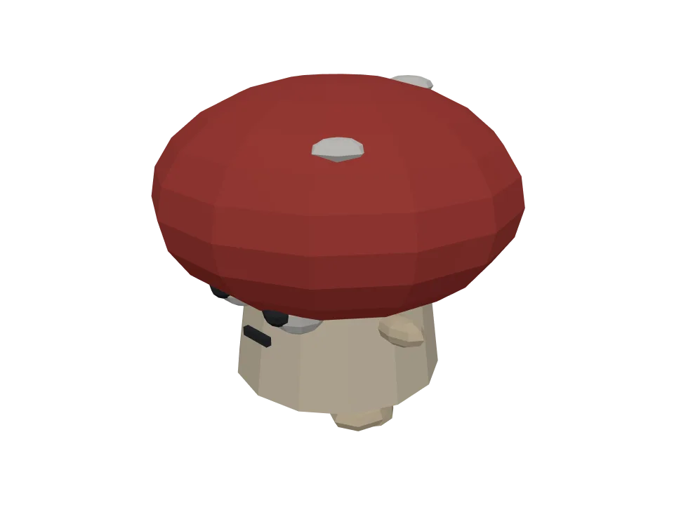 Claude Fable 5 — P04: A cute cartoon mushroom creature with big eyes and stubby legs, standing.