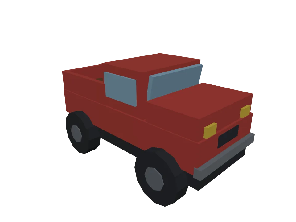 Claude Fable 5 — P07: A low-poly pickup truck with visible wheels, cabin, and cargo bed, game-asset style.