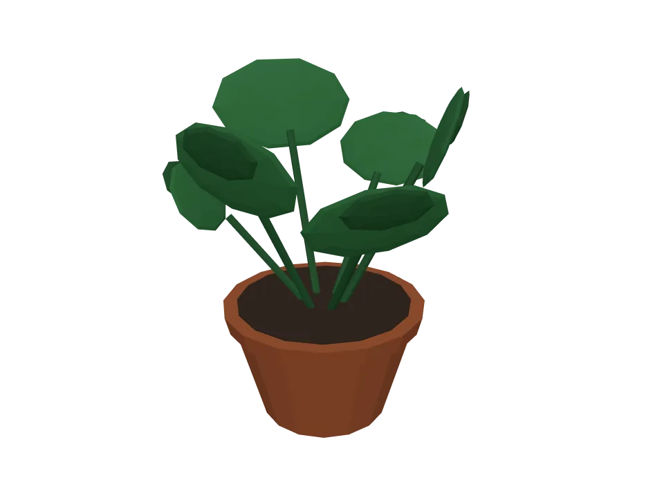 Claude Fable 5 — P09: A potted plant: terracotta pot with a leafy monstera-style plant, about six large leaves.