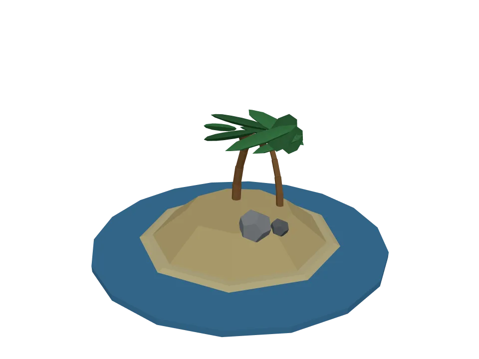 Claude Fable 5 — P10: A low-poly island scene: small rocky island with two palm trees and a sandy beach.