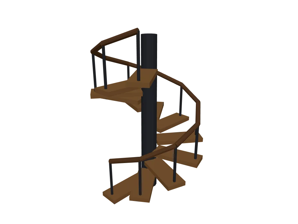 Claude Fable 5 — P11: A spiral staircase with twelve steps winding around a central column, with a handrail.