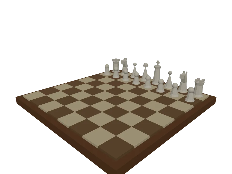 Claude Fable 5 — P12: A chess set arrangement: checkered board with the two front rows of white pieces placed correctly.