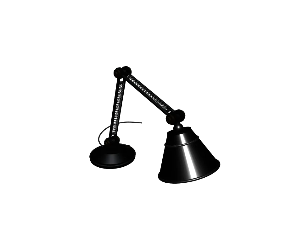 Claude Opus 5 — P02: A desk lamp with an articulated two-joint arm and a round metal shade, in a bent working pose.