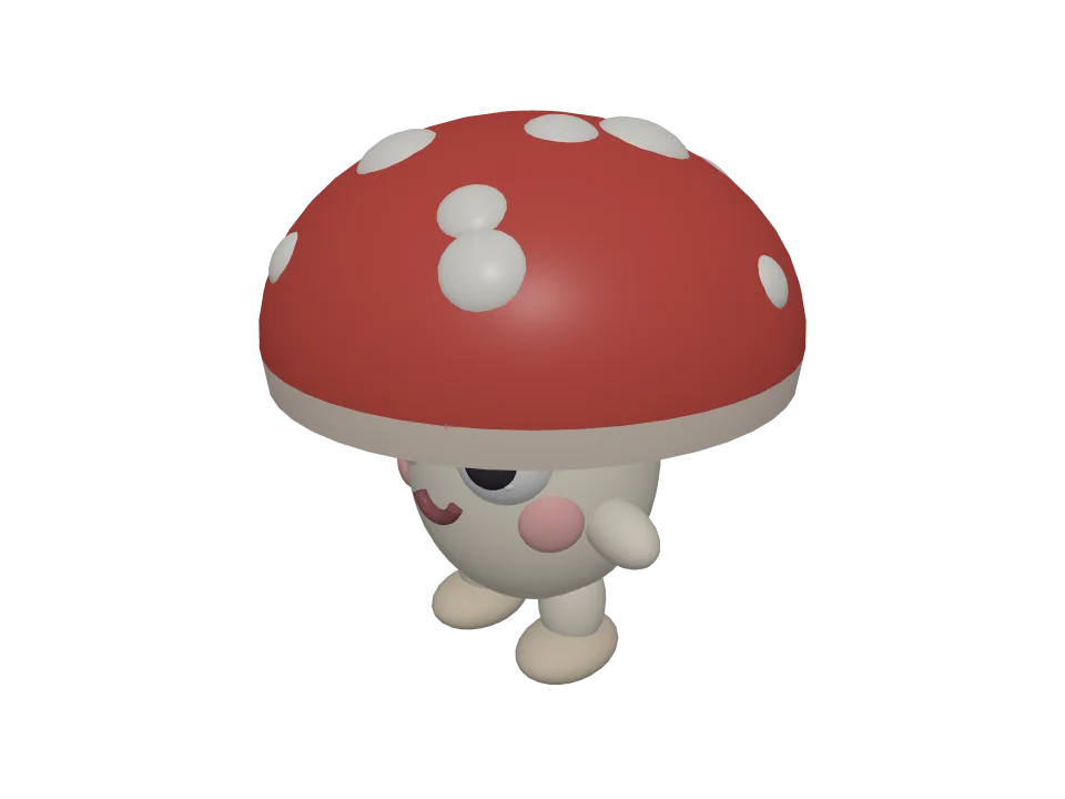 Claude Opus 5 — P04: A cute cartoon mushroom creature with big eyes and stubby legs, standing.