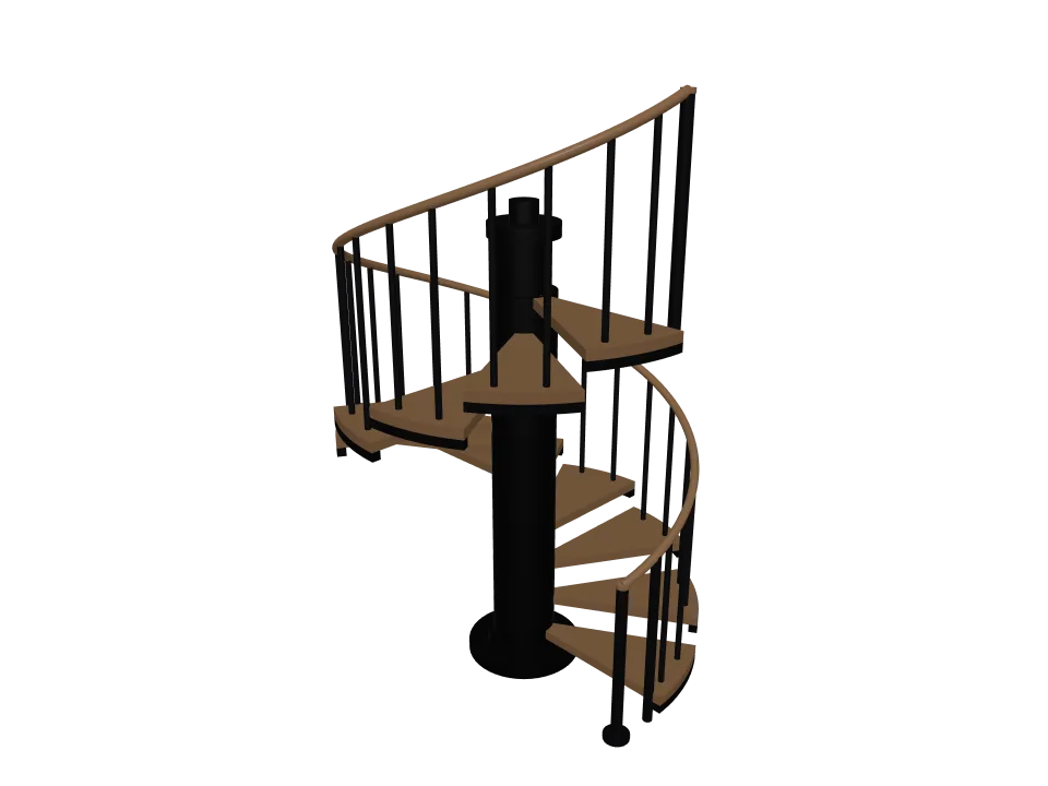 Claude Opus 5 — P11: A spiral staircase with twelve steps winding around a central column, with a handrail.