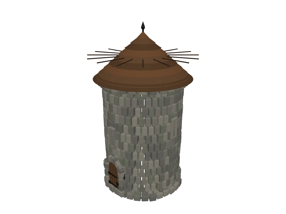 GPT-5.6 Sol — P05: A small medieval stone watchtower with a wooden door, arrow slits, and a conical roof.