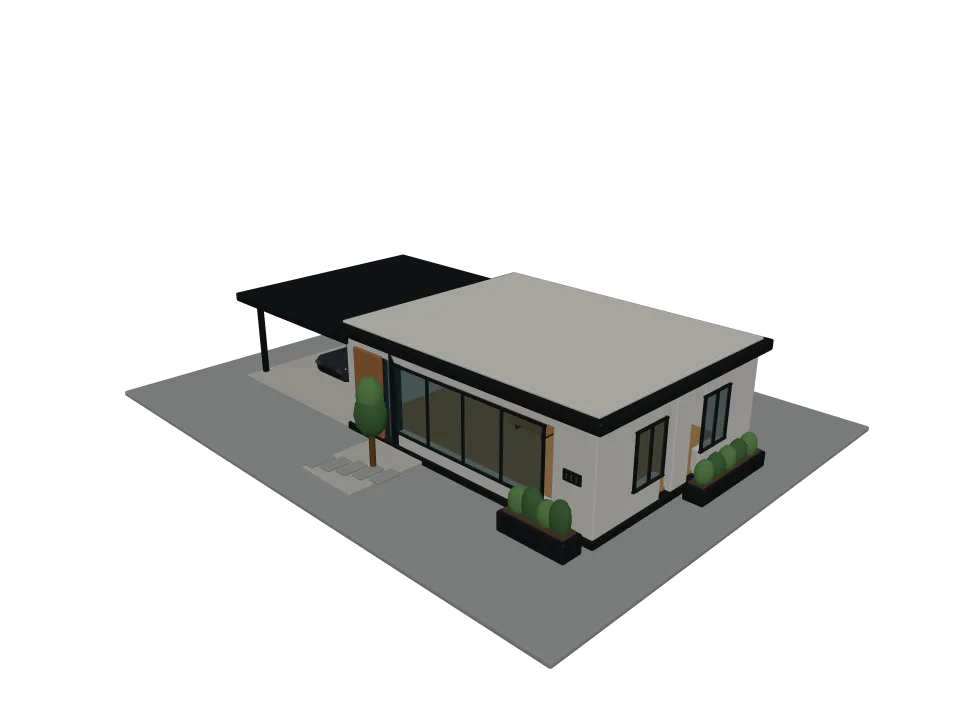 GPT-5.6 Sol — P06: A modern single-story house with flat roof, large windows, and an attached carport.