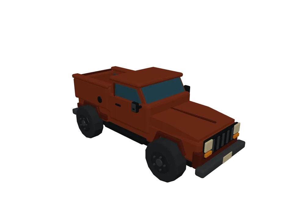 GPT-5.6 Sol — P07: A low-poly pickup truck with visible wheels, cabin, and cargo bed, game-asset style.