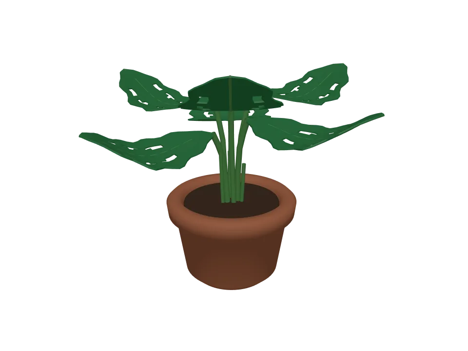 GPT-5.6 Sol — P09: A potted plant: terracotta pot with a leafy monstera-style plant, about six large leaves.
