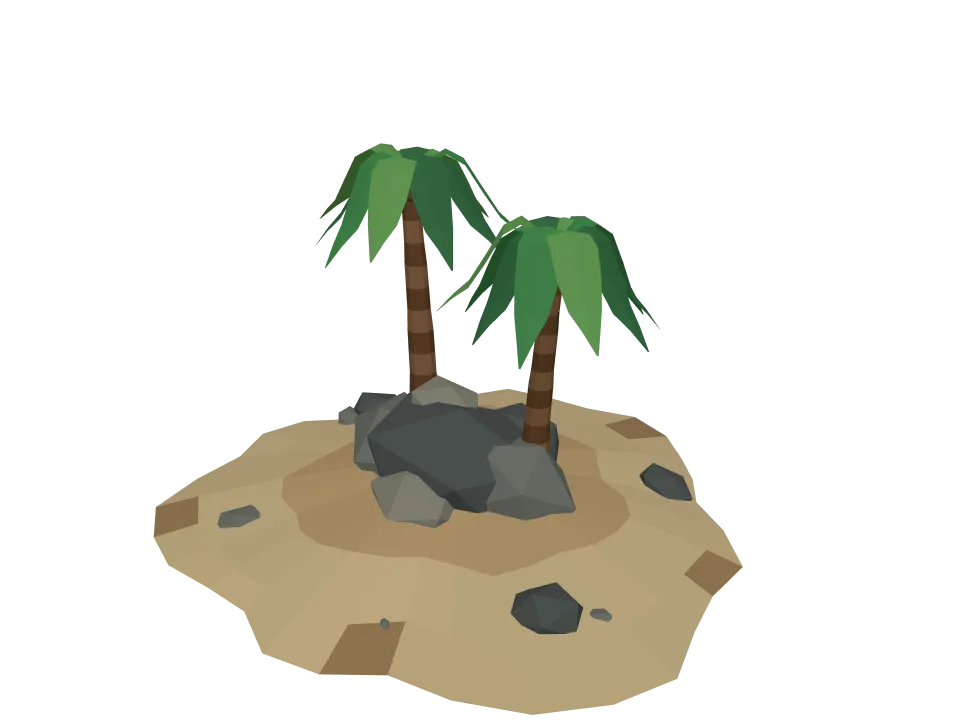 GPT-5.6 Sol — P10: A low-poly island scene: small rocky island with two palm trees and a sandy beach.