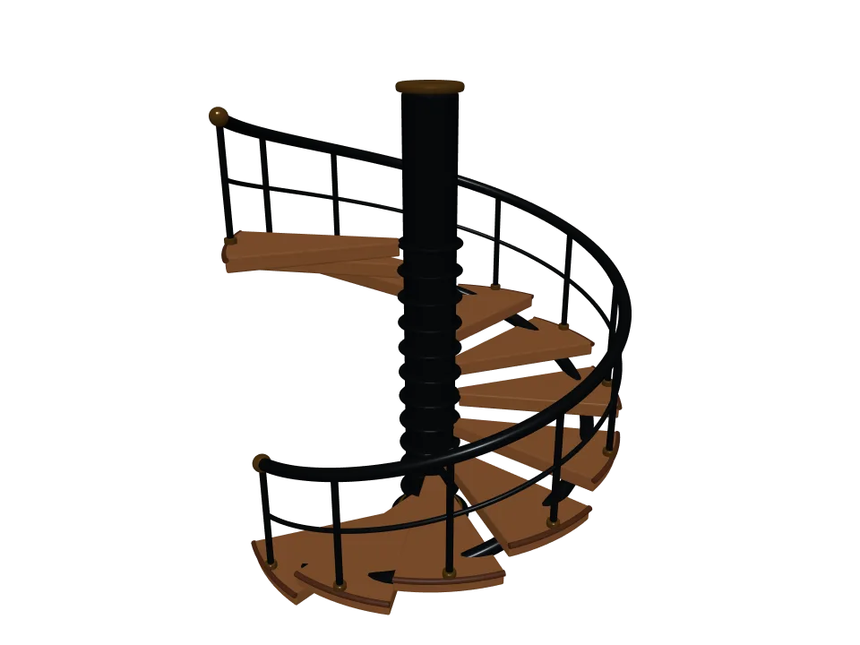 GPT-5.6 Sol — P11: A spiral staircase with twelve steps winding around a central column, with a handrail.