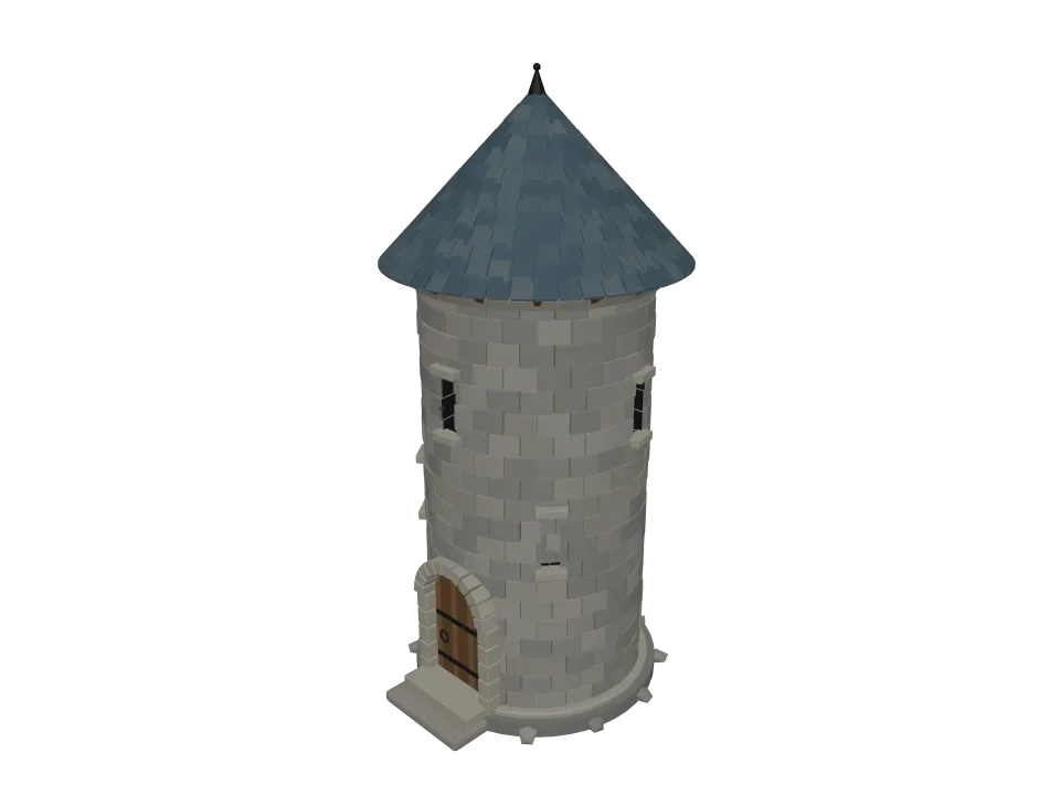 3D-Agent — P05: A small medieval stone watchtower with a wooden door, arrow slits, and a conical roof.