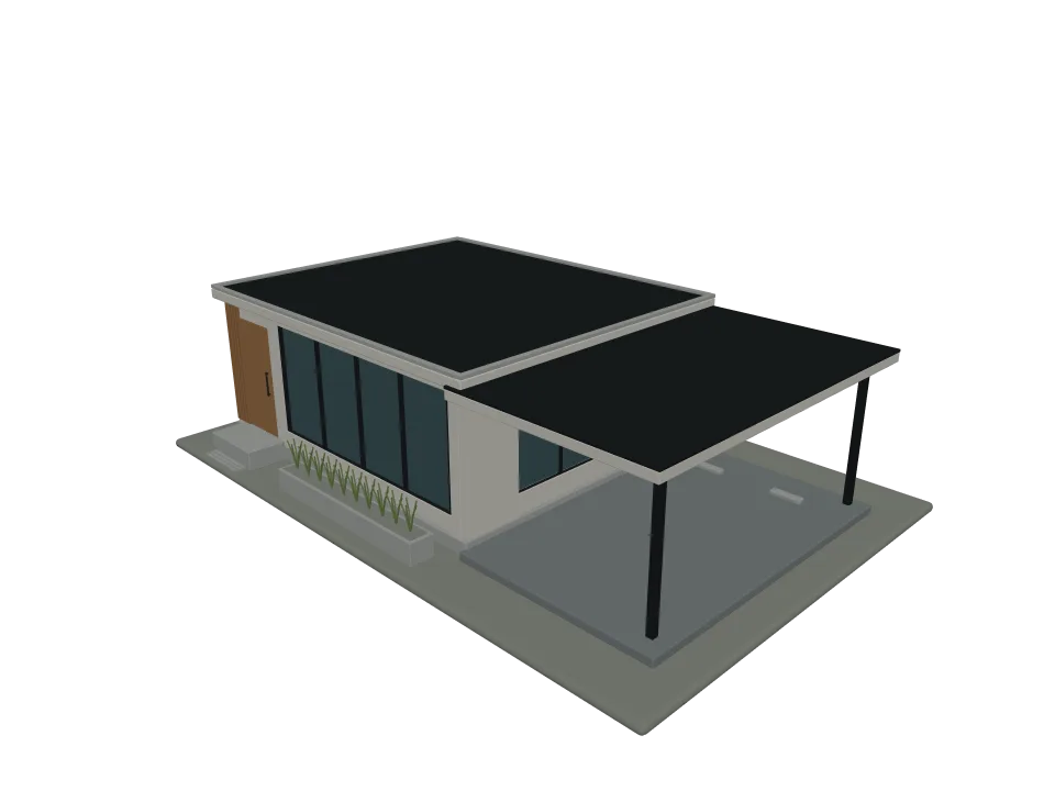 3D-Agent — P06: A modern single-story house with flat roof, large windows, and an attached carport.