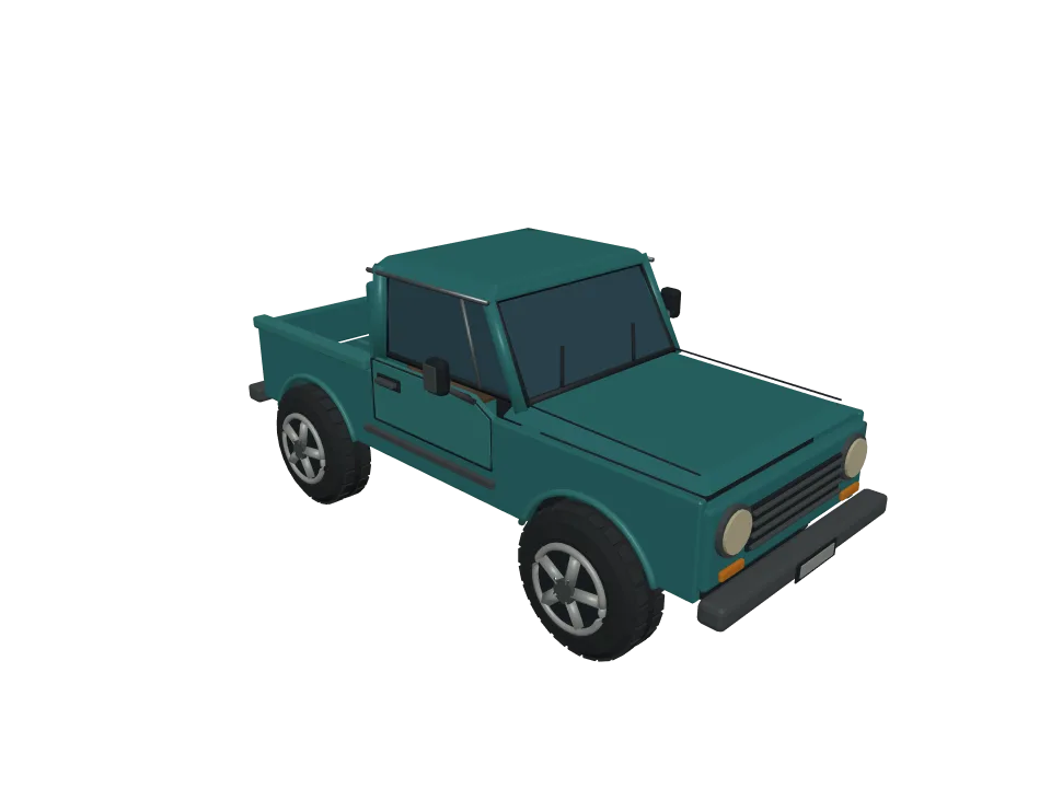 3D-Agent — P07: A low-poly pickup truck with visible wheels, cabin, and cargo bed, game-asset style.