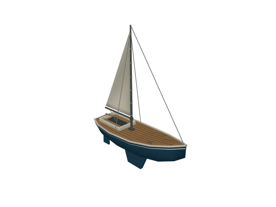3D-Agent — P08: A small sailing boat with hull, single mast, boom, and simplified sail.
