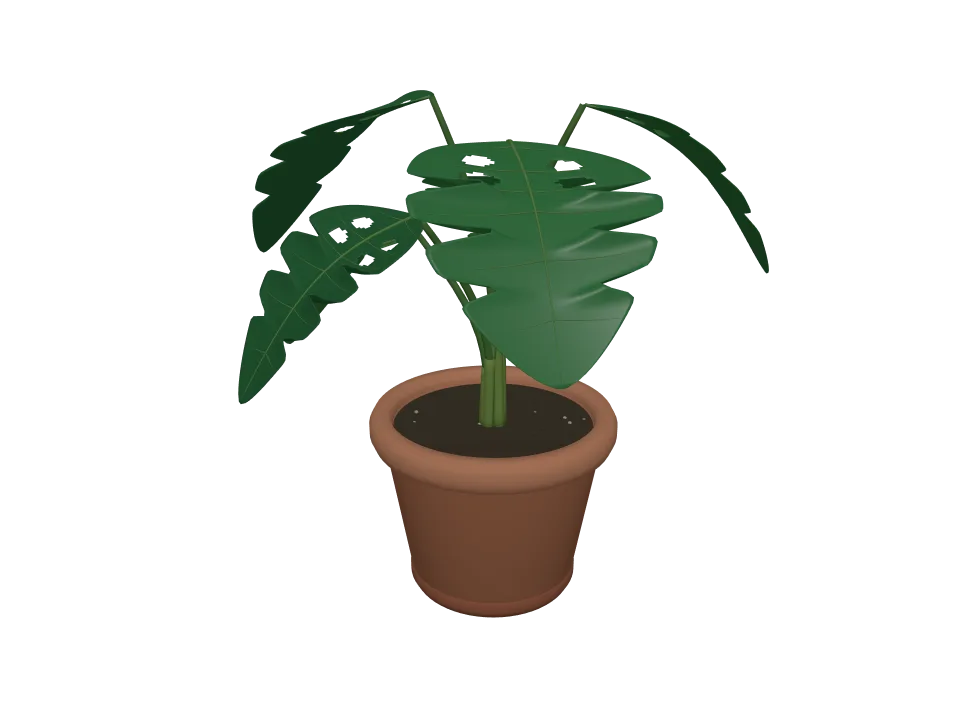 3D-Agent — P09: A potted plant: terracotta pot with a leafy monstera-style plant, about six large leaves.