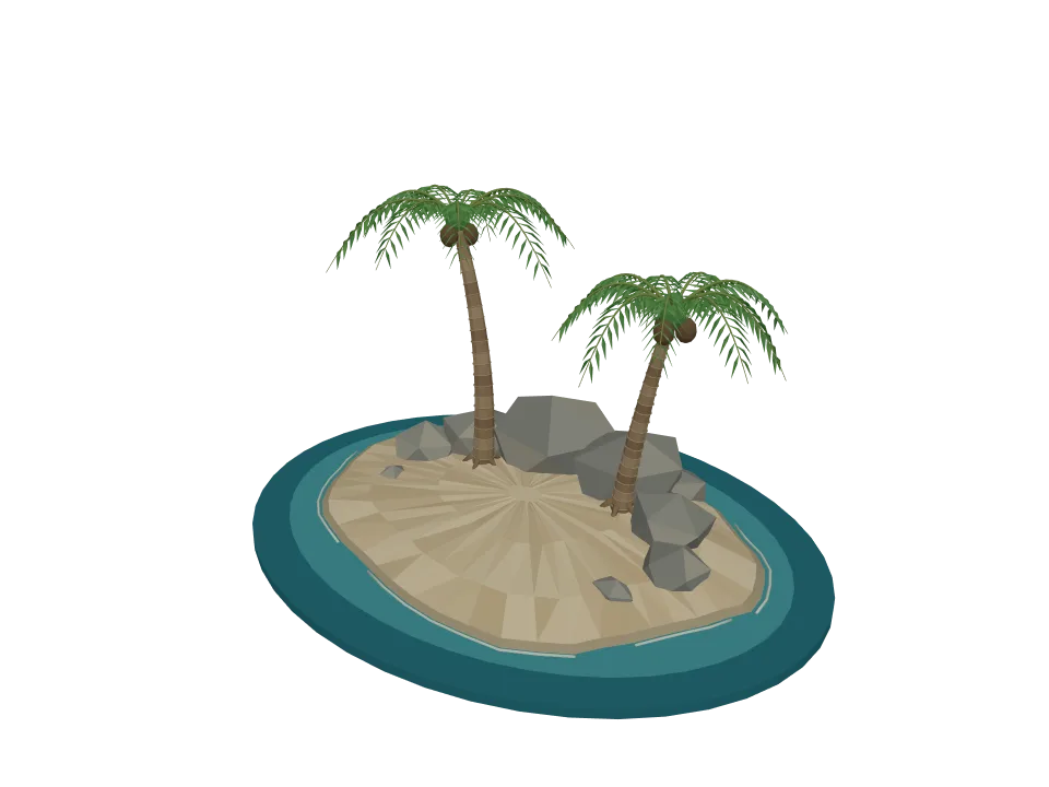 3D-Agent — P10: A low-poly island scene: small rocky island with two palm trees and a sandy beach.