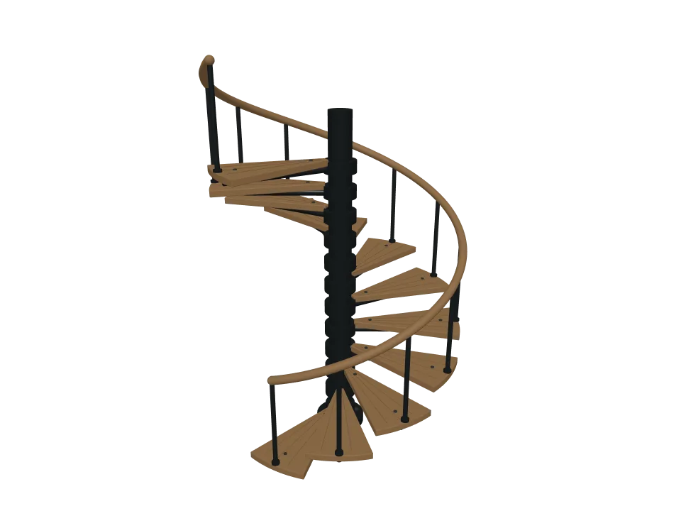 3D-Agent — P11: A spiral staircase with twelve steps winding around a central column, with a handrail.