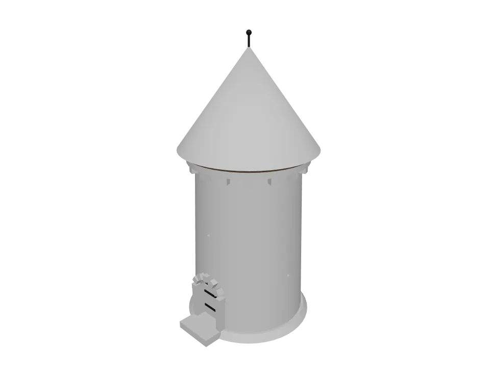 Claude Fable 5.1 — P05: A small medieval stone watchtower with a wooden door, arrow slits, and a conical roof.