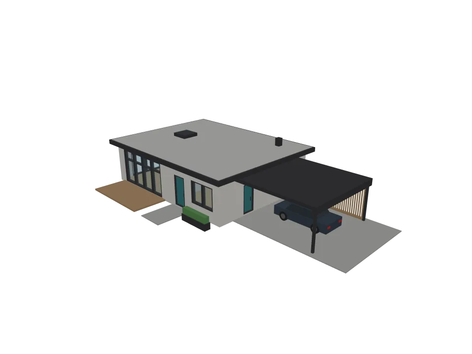 Claude Fable 5.1 — P06: A modern single-story house with flat roof, large windows, and an attached carport.