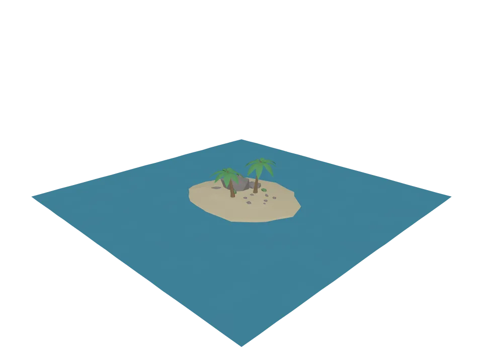 Claude Fable 5.1 — P10: A low-poly island scene: small rocky island with two palm trees and a sandy beach.