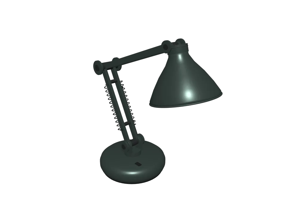 GPT-6 Astra — P02: A desk lamp with an articulated two-joint arm and a round metal shade, in a bent working pose.