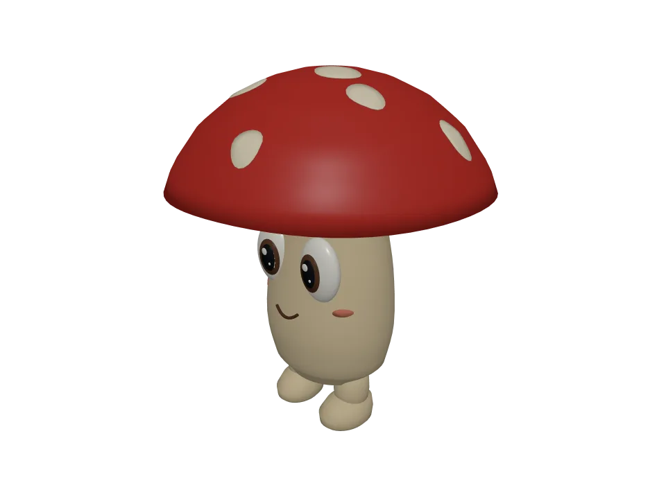 GPT-6 Astra — P04: A cute cartoon mushroom creature with big eyes and stubby legs, standing.