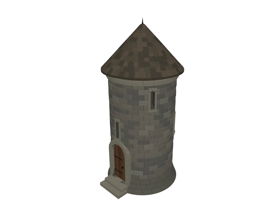 GPT-6 Astra — P05: A small medieval stone watchtower with a wooden door, arrow slits, and a conical roof.