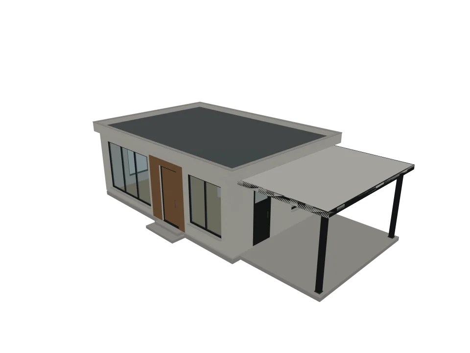GPT-6 Astra — P06: A modern single-story house with flat roof, large windows, and an attached carport.