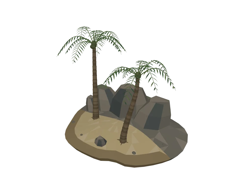 GPT-6 Astra — P10: A low-poly island scene: small rocky island with two palm trees and a sandy beach.