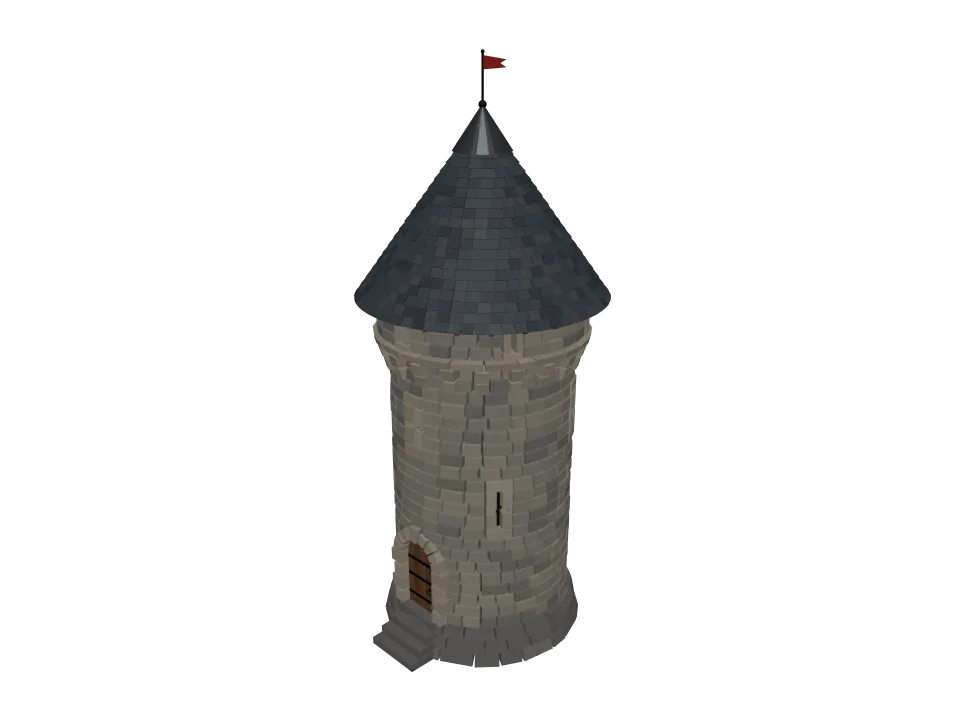 Claude Opus 5.5: Stone watchtower. A small medieval stone watchtower with a wooden door, arrow slits, and a conical roof.