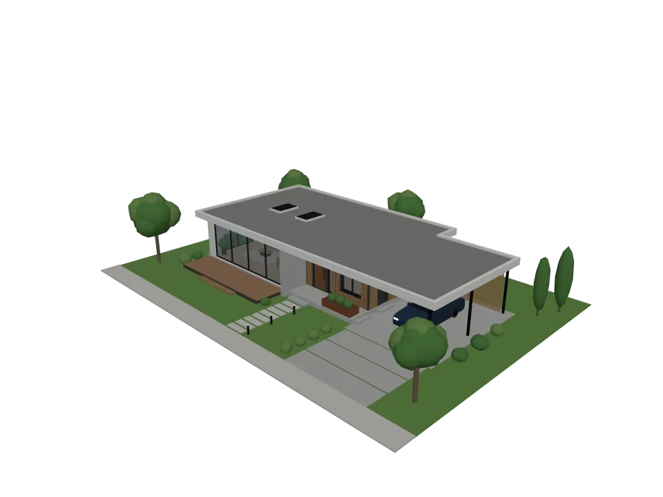 Claude Opus 5.5: Modern house. A modern single-story house with flat roof, large windows, and an attached carport.