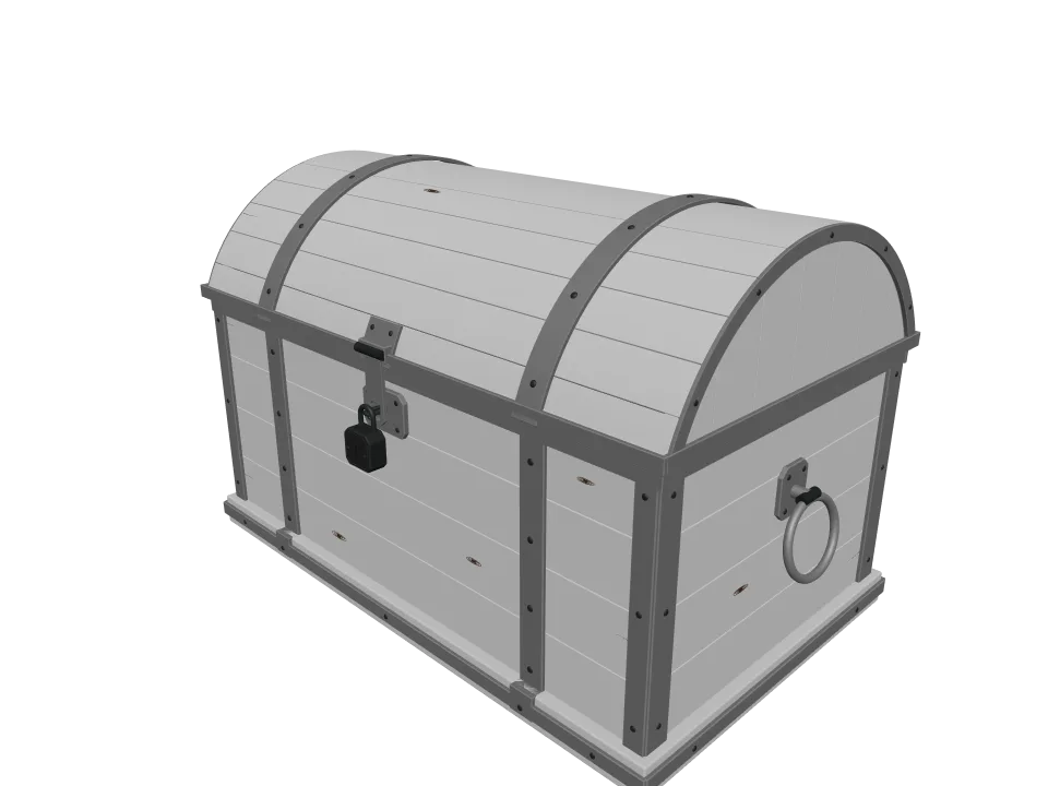 GPT-6.1 Sol: Treasure chest. A wooden treasure chest with iron fittings and a curved lid, slightly weathered, closed.