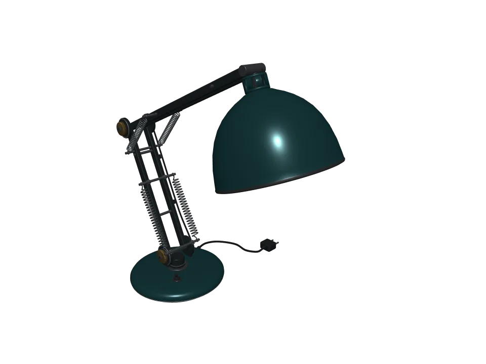 GPT-6.1 Sol: Desk lamp. A desk lamp with an articulated two-joint arm and a round metal shade, in a bent working pose.