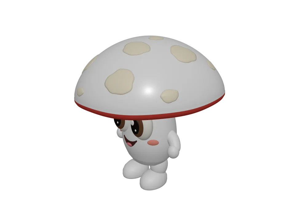 GPT-6.1 Sol: Mushroom creature. A cute cartoon mushroom creature with big eyes and stubby legs, standing.