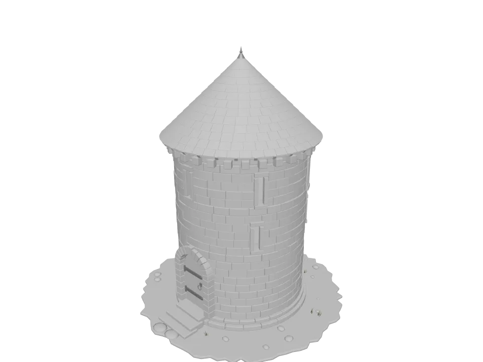 GPT-6.1 Sol: Stone watchtower. A small medieval stone watchtower with a wooden door, arrow slits, and a conical roof.
