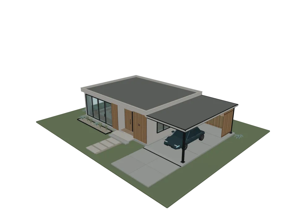 GPT-6.1 Sol: Modern house. A modern single-story house with flat roof, large windows, and an attached carport.