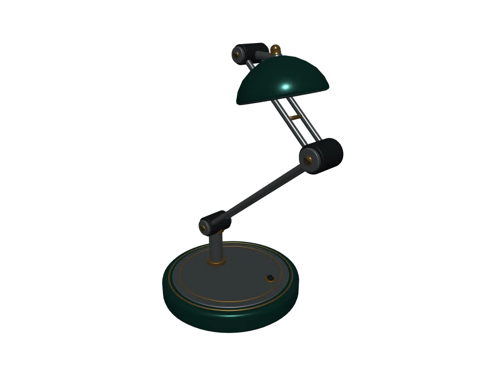 GPT-6 Luna: Desk lamp. A desk lamp with an articulated two-joint arm and a round metal shade, in a bent working pose.