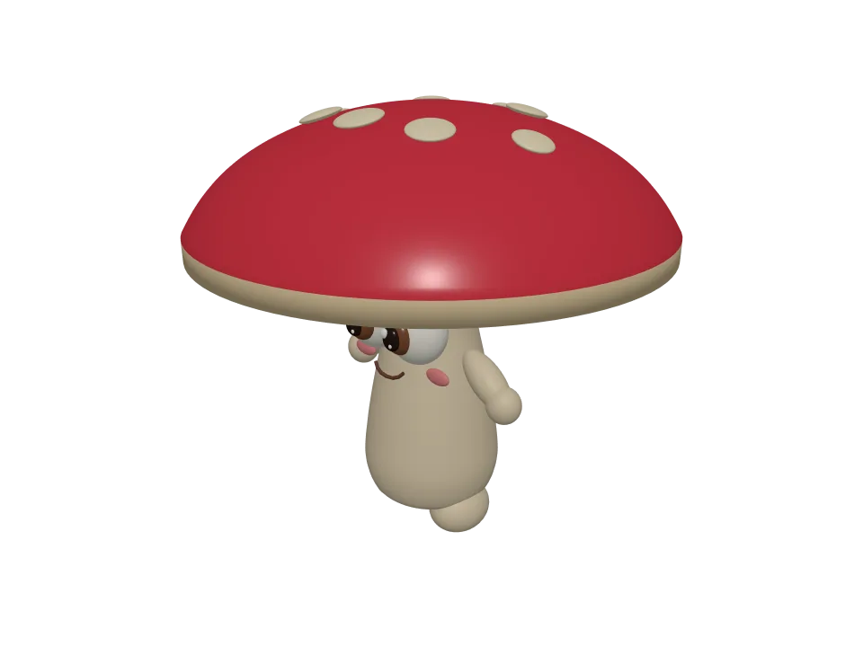 GPT-6 Luna: Mushroom creature. A cute cartoon mushroom creature with big eyes and stubby legs, standing.