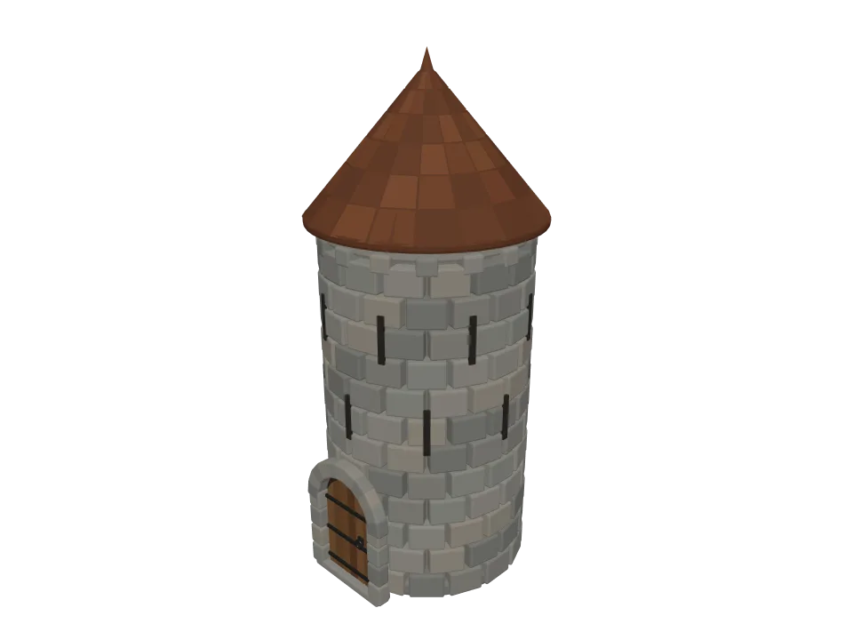 GPT-6 Luna: Stone watchtower. A small medieval stone watchtower with a wooden door, arrow slits, and a conical roof.