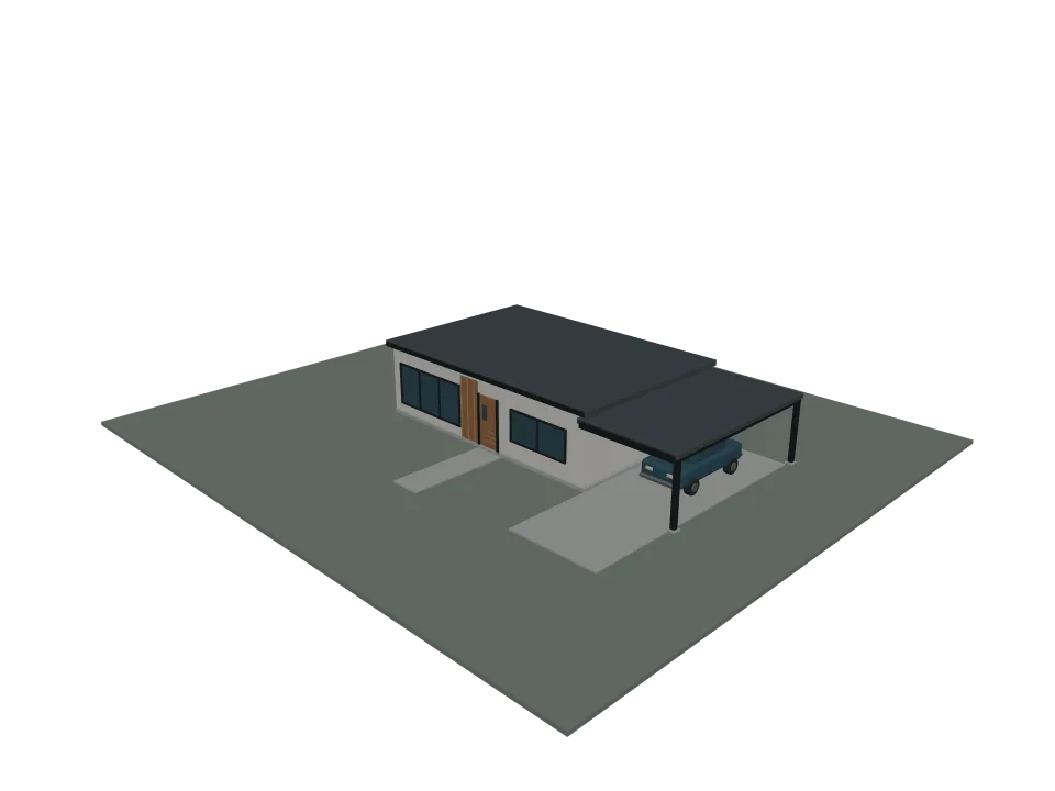 GPT-6 Luna: Modern house. A modern single-story house with flat roof, large windows, and an attached carport.