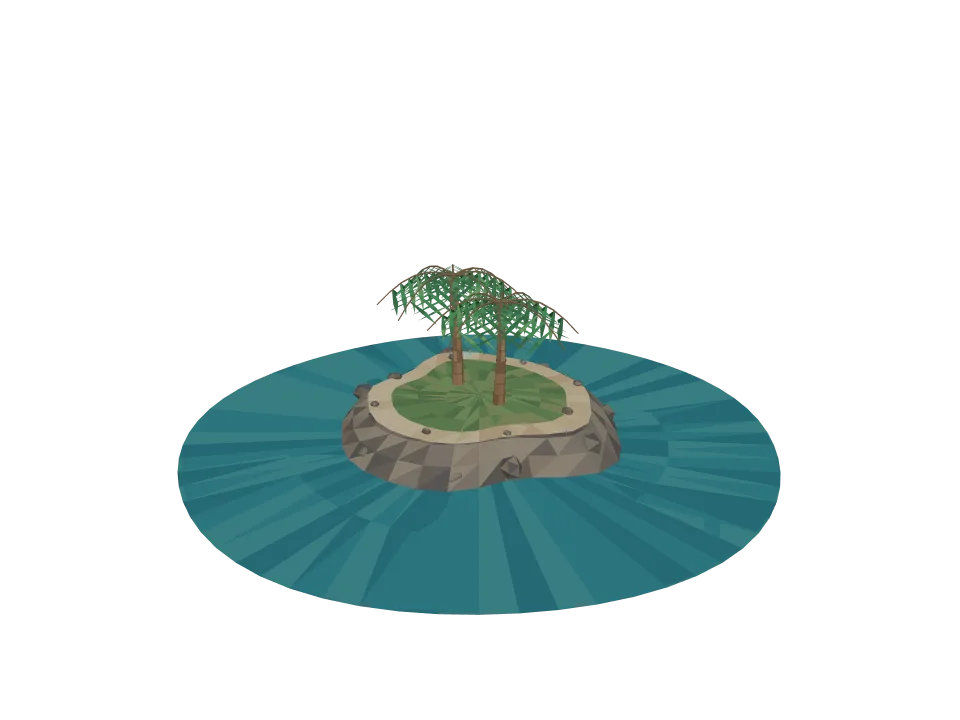 GPT-6 Luna: Island scene. A low-poly island scene: small rocky island with two palm trees and a sandy beach.