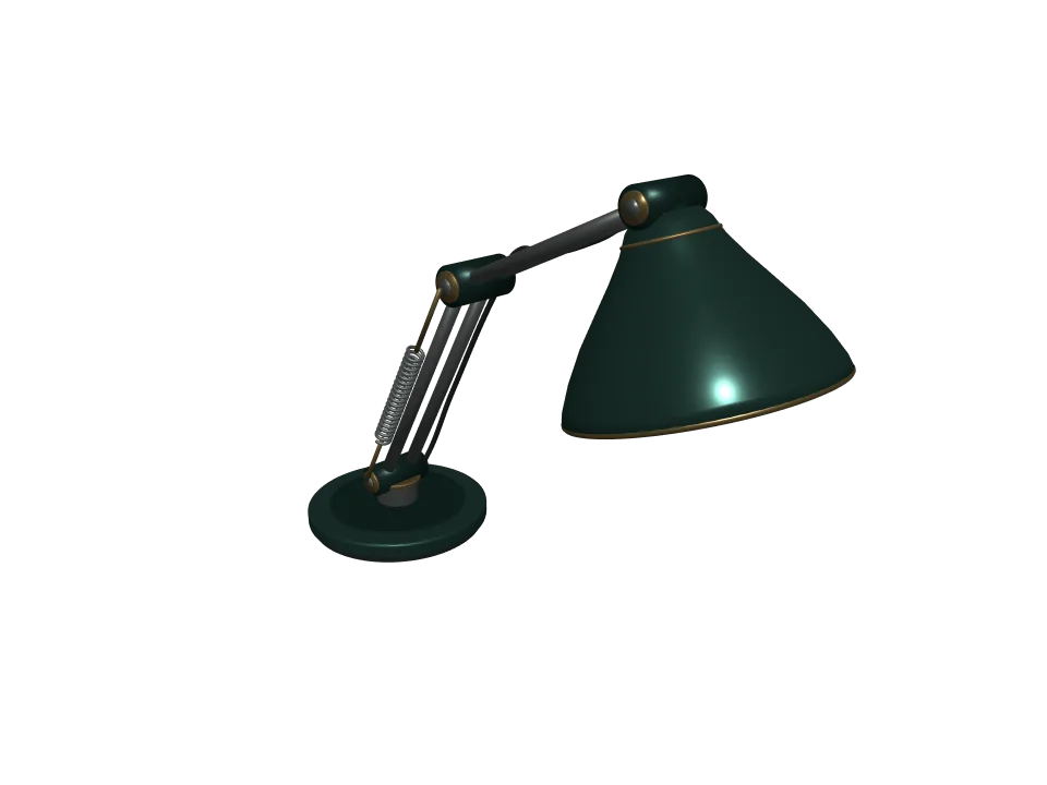 GPT-6 Sol: Desk lamp. A desk lamp with an articulated two-joint arm and a round metal shade, in a bent working pose.