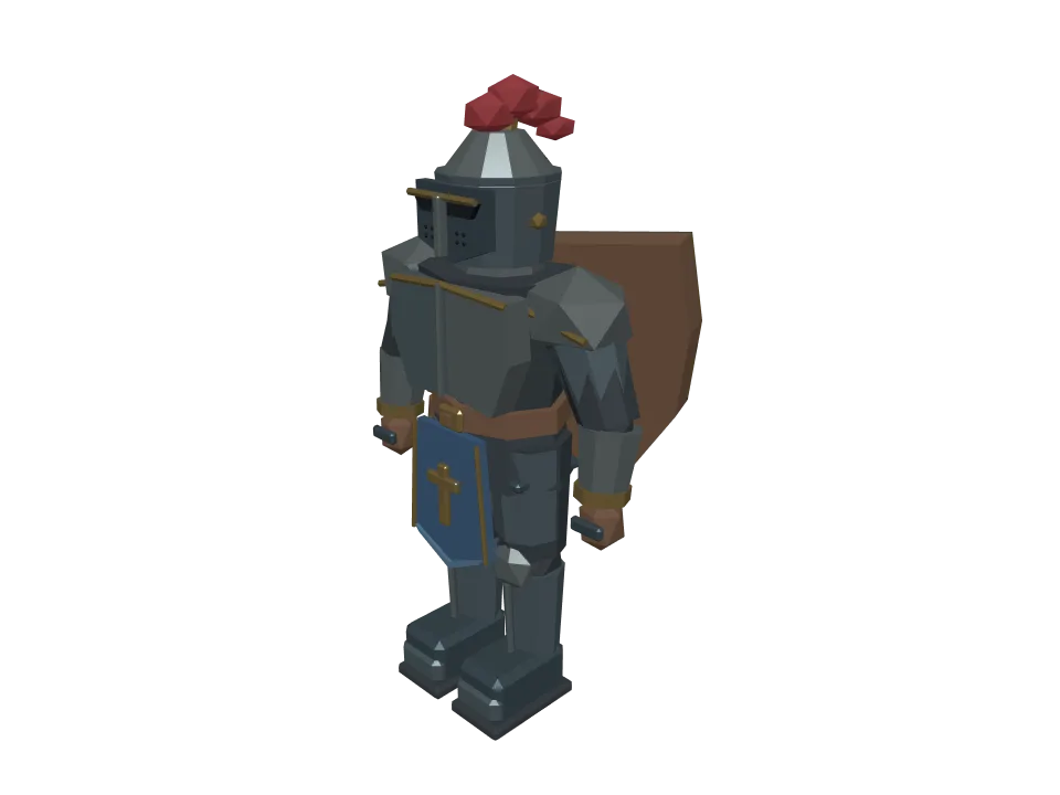 GPT-6 Sol: Low-poly knight. A low-poly stylized knight character in idle pose, with helmet, shield on back, T-pose acceptable.