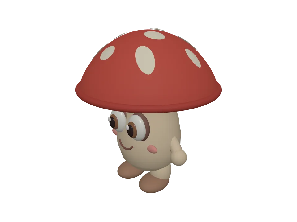 GPT-6 Sol: Mushroom creature. A cute cartoon mushroom creature with big eyes and stubby legs, standing.