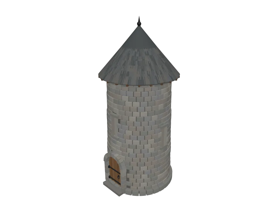 GPT-6 Sol: Stone watchtower. A small medieval stone watchtower with a wooden door, arrow slits, and a conical roof.