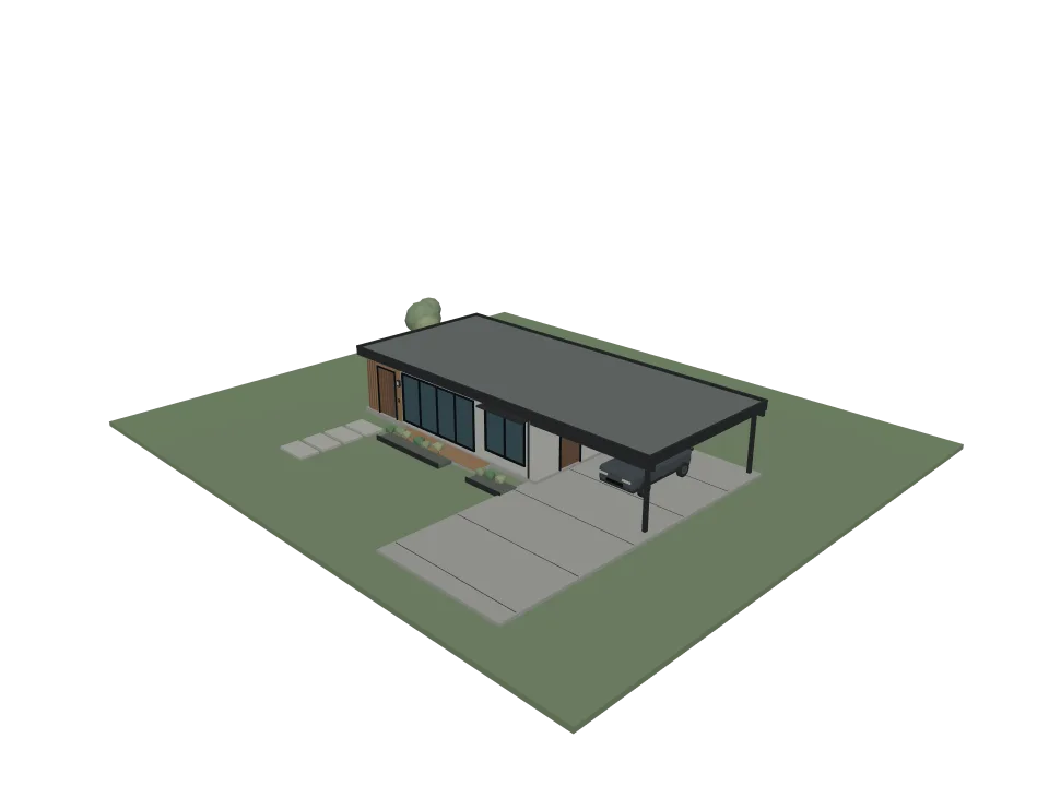 GPT-6 Sol: Modern house. A modern single-story house with flat roof, large windows, and an attached carport.