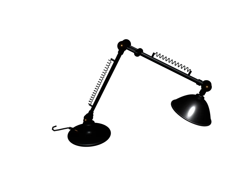 Grok 4.7: Desk lamp. A desk lamp with an articulated two-joint arm and a round metal shade, in a bent working pose.